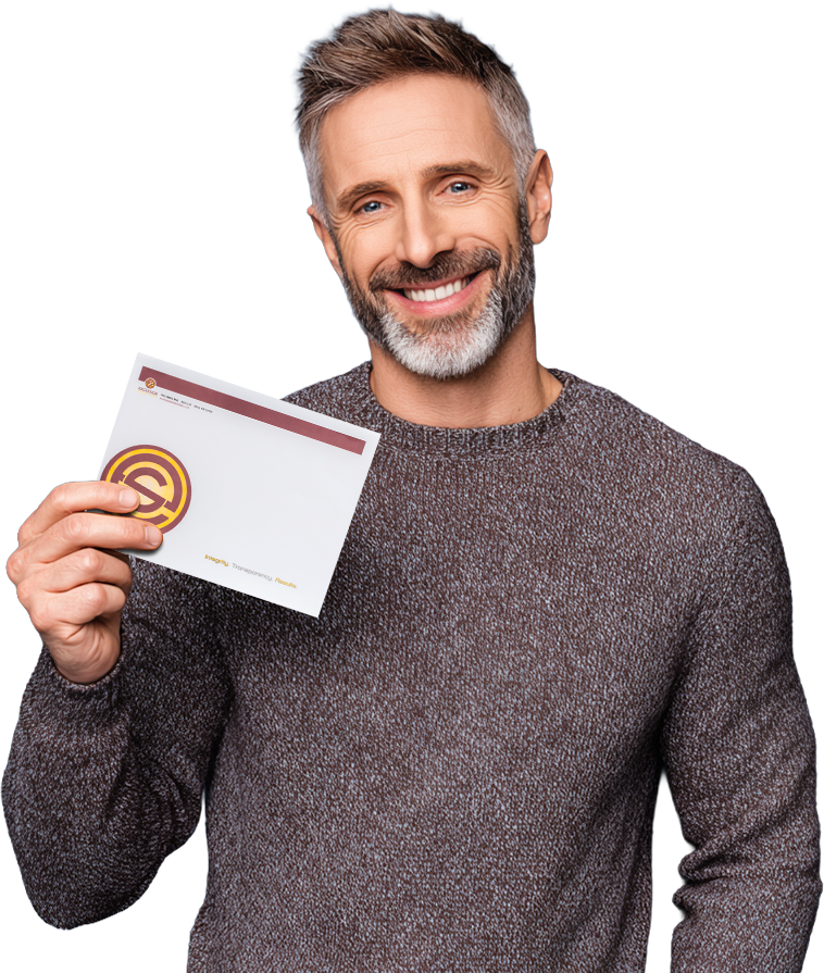 Customer holding an envelope.