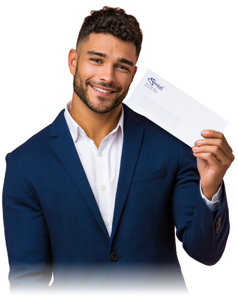 Customer holding an envelope.